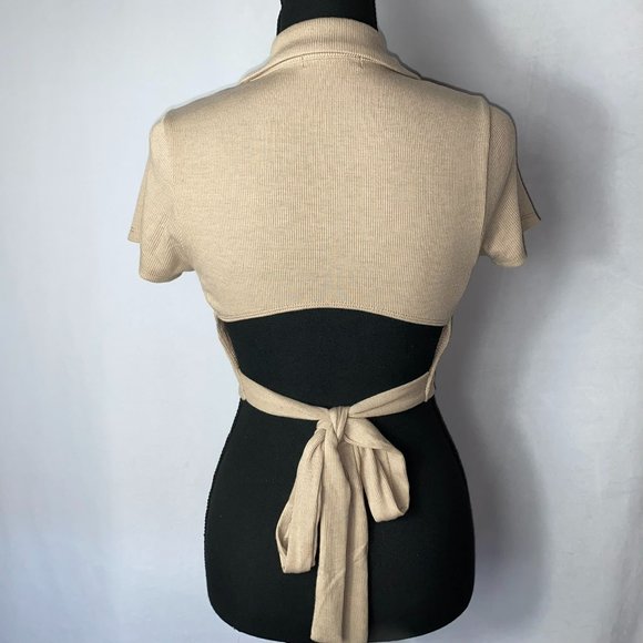 Active USA Brown Crop Top with Front Button Closure and Back Tie - Picture 3 of 5